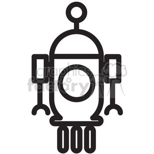 A simple black-and-white line drawing of a robot with a round head, body, and arms with pincer-like hands.