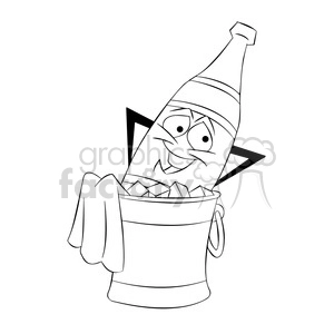 cartoon bottle of champagne chillin in a bucket of ice black and white vector