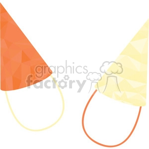 A clipart image of two party hats, one orange and one yellow, both with elastic strings.