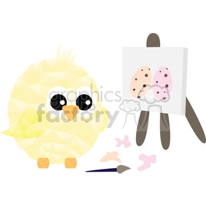 A cute, yellow chick cartoon character standing next to an easel displaying artwork of two spotted eggs. The chick is holding a paintbrush, and there are paint splatters on the ground.