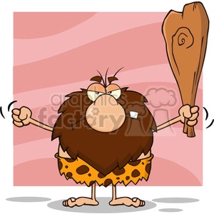 grumpy male caveman cartoon mascot character holding up a fist and a club vector illustration isolated on pink background
