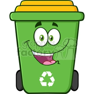 The clipart image shows a green recycle bin, personified as a happy cartoon character, standing alone against a white background. The bin has a lid and is designed to collect and separate recyclable materials from other waste products. The image represents the concept of recycling and encourages people to discard their waste properly.
