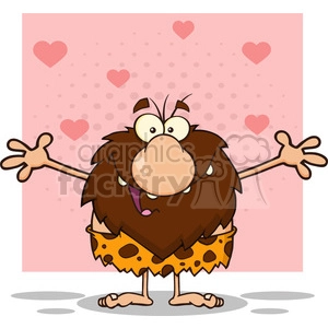 smiling male caveman cartoon mascot character with open arms vector illustration isolated on pink background with hearts