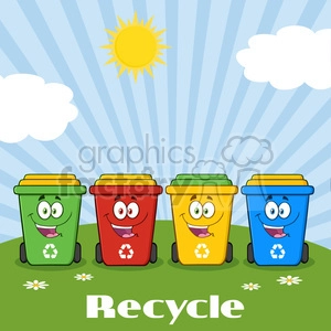 royalty free rf clipart illustration four color recycle bins cartoon character on a sunny hill with text recycle vector illustration isolated on white background