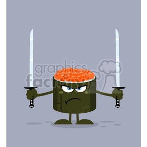 illustration angry sushi roll cartoon mascot character ready to fight with two katana swords vector illustration flat style with background