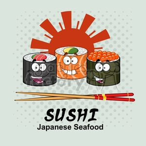 sushi roll set cartoon characters with chopsticks and text vector illustration with background