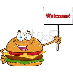 illustration burger cartoon mascot character holding a sign with text wellcome vector illustration isolated on white background