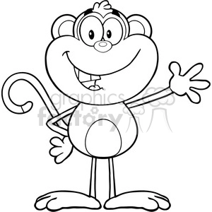 A black and white clipart image of a cartoon monkey with a big smile, standing upright and waving with one hand.
