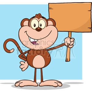 royalty free rf clipart illustration smiling monkey cartoon character holding up a blank wood sign vector illustration with bacground isolated on white