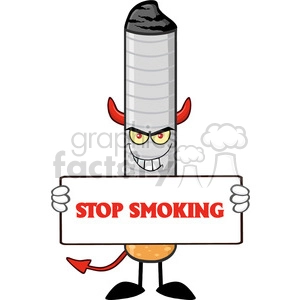 Clipart image of a cartoon cigarette with devil horns and a tail, holding a sign that reads 'STOP SMOKING'.