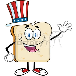 Clipart image of a cartoon sandwich character with a smiling face, wearing a patriotic red, white, and blue hat and waving.