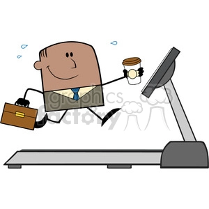 This clipart image depicts a cartoon businessman running on a treadmill. He is holding a briefcase in one hand and a coffee cup in the other while smiling, with sweat droplets around his head indicating he's exercising.