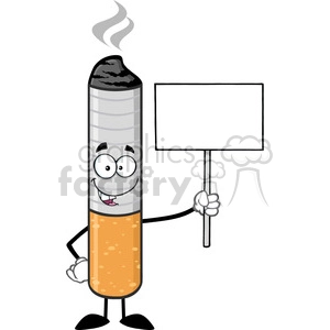 A cartoon-style clipart image of a cigarette character with human features. The cigarette has a smiling face and is holding a blank sign.