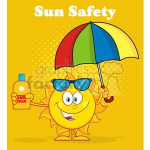 cute sun cartoon mascot character holding a umbrella and bottle of sun block cream vector illustration with yellow haftone background and text sun safety