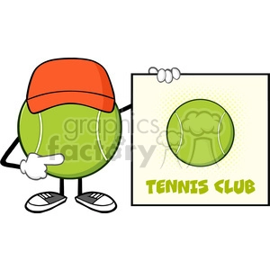 tennis ball faceless cartoon mascot character with hat pointing to a sign tennis club vector illustration isolated on white background
