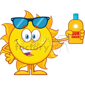 10149 cute sun cartoon mascot character with sunglasses holding a bottle of sun block cream vith text vector illustration isolated on white background
