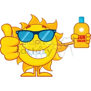 smiling summer sun cartoon mascot character holding a bottle of sun block cream showing thumb up vector illustration isolated on white background