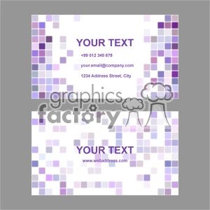This clipart image features a modern business card design template. The card includes placeholders for text, such as a name, email address, phone number, physical address, and web address. The design incorporates a pattern of purple and lavender square tiles in various shades, arranged in a pixelated mosaic style.