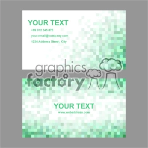 Business card clipart with a green pixelated design. It has space for text, including name, phone number, email address, and web address.
