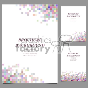 This clipart image consists of three brochure templates with a modern, colorful pixelated design. The templates feature a white background with an arrangement of multicolored squares or pixels, giving a vibrant and contemporary look. Each brochure layout includes placeholder text for 'BROCHURE BACKGROUND' and dummy text below it.