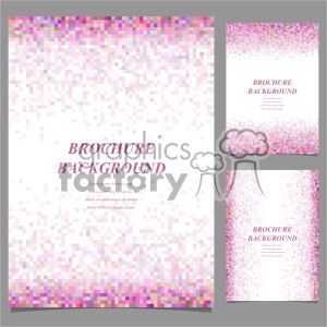 Clipart image featuring a brochure background with a pixelated, gradient design in shades of pink, purple, and white. The image showcases three different layouts of the brochure with a mosaic-like upper and lower border and ample white space in the middle for the text.