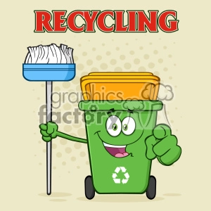 Open Green Recycle Bin Cartoon Mascot Character Holding A Broom And Pointing For Clining Vector With Halftone Background And Text Recycling