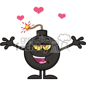 Clipart image of a cartoon bomb character with a lit fuse, smiling and displaying hearts above its head, signifying love or affection.
