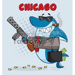 The image is a humorous cartoon depiction of a shark character styled as a stereotypical gangster. The shark features include a toothy smile and a blue body. The gangster elements comprise a Tommy gun, a brown suit with a red tie, blue sunglasses, a cigar, and a briefcase filled with money. Bullet casings are found on the ground, and the word CHICAGO is written in bold red letters near the top, which possibly references the gangster era in Chicago's history.