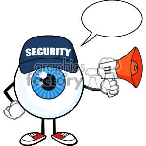 Blue Eyeball Cartoon Mascot Character Security Guard Using A Megaphone With Speech Bubble Vector