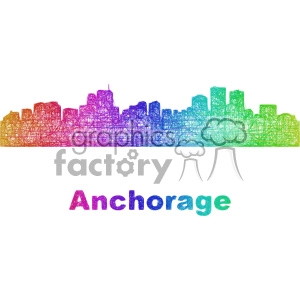 A colorful clipart illustration of the Anchorage skyline, composed of intricate lines blending from purple to green, with the word 'Anchorage' written below in corresponding colors.