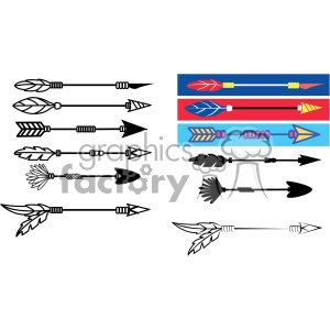 A collection of various stylized arrows in black and white, and colored designs. Each arrow has unique feathers and tips, offering diverse patterns and styles suitable for decoration or design purposes.