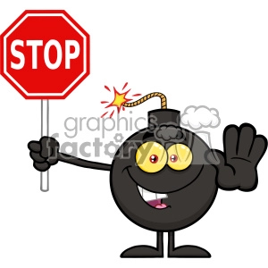 A cartoon illustration of a black bomb character holding a red STOP sign and waving with a friendly expression.