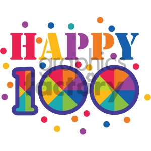 A colorful clipart image celebrating the number 100 with the word 'Happy' and various colorful dots and pie chart segments.