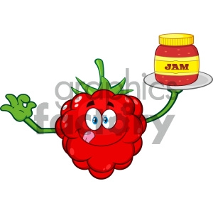 Royalty Free RF Clipart Illustration Raspberry Fruit Cartoon Mascot Character With Gesturing Ok And Serving Jam Vector Illustration Isolated On White Background