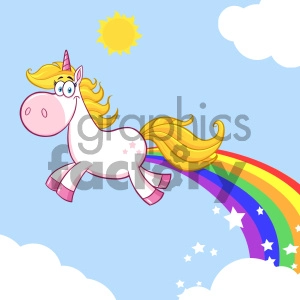 This clipart image features a whimsical cartoon unicorn with a pink snout, a horn, and hooves, showcasing a long golden mane and tail. The unicorn appears to be frolicking above a colorful rainbow in a blue sky dotted with white clouds and a bright yellow sun.