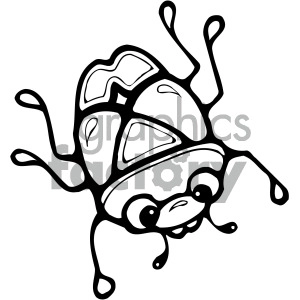 A black and white clipart image of a cartoon beetle with a cute, smiling face and detailed body markings.