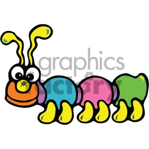 A colorful cartoon caterpillar with a cute and playful appearance, featuring a segmented body in vibrant blue, pink, green, and yellow colors, with large eyes and antennae.