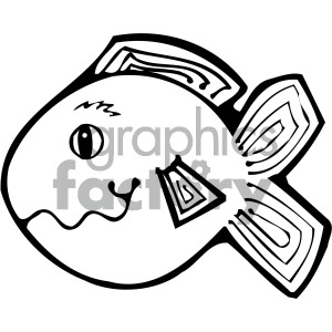The clipart image depicts a stylized, cartoonish representation of a fish. The fish is outlined in bold black lines with abstract patterns for its fins and tail, a prominent eye, and a smiling mouth.