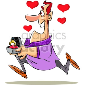 The clipart image shows a cartoon man running with an engagement ring in his hand, which symbolizes love and marriage. This image could be used to represent a boyfriend or husband who is excited to propose to his partner on occasions such as Valentine's Day.
