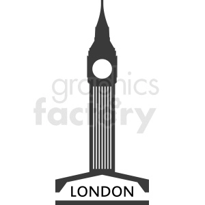 Clipart image of a simplified, black silhouette of the Elizabeth Tower, commonly known as Big Ben, with the text 'LONDON' written below it.