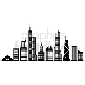 A black silhouette of a city skyline with various high-rise buildings and architectural structures.
