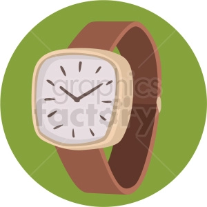 Clipart of a stylized wristwatch with a brown leather strap and a beige square clock face, shown against a green circular background.