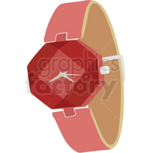 A clipart image of a wristwatch with a red gemstone-like face and a pink band.