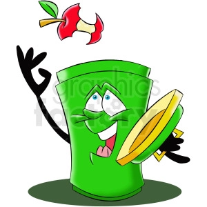 The clipart image depicts a cartoon character of a trash can throwing away garbage. The character has eyes, arms, and legs to give it a human-like appearance. The trash can is shown with an open lid, and the character is holding a piece of trash in one hand while reaching towards the can with the other. Overall, the image is meant to portray the act of disposing of waste in a fun and engaging way.
