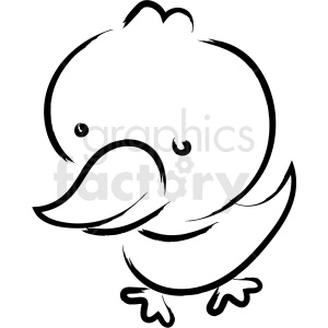 A simple black and white outline sketch of a duckling, featuring prominent lines and minimalist design.