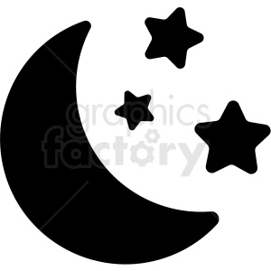 The clipart image depicts a stylized icon of a crescent moon and stars in a night sky with clouds. It is likely intended to represent the concept of sleep or sleeping. Additionally, the color scheme of black and white suggests a calming and peaceful atmosphere, commonly associated with sleep.