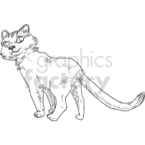 The clipart image features a line drawing of a cat. The cat appears to be in a standing position with a slightly turned head, looking to the side. It has visible whiskers, a pair of pointed ears, and a long tail.