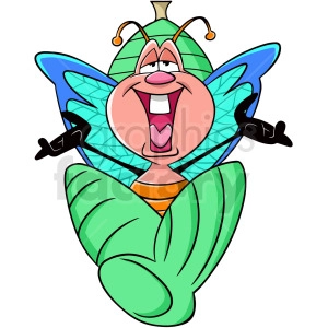 A cheerful cartoon caterpillar  character coming out of its chrysalis , with blue wings and green leaf-like wings.