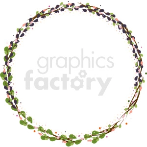 A circular floral wreath made of green and purple leaves, with pink and orange flowers, and scattered dots.