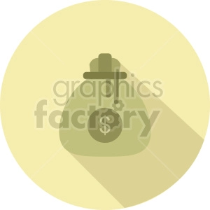A flat design clipart image of a money bag with a dollar sign in the center, set against a circular yellow background.